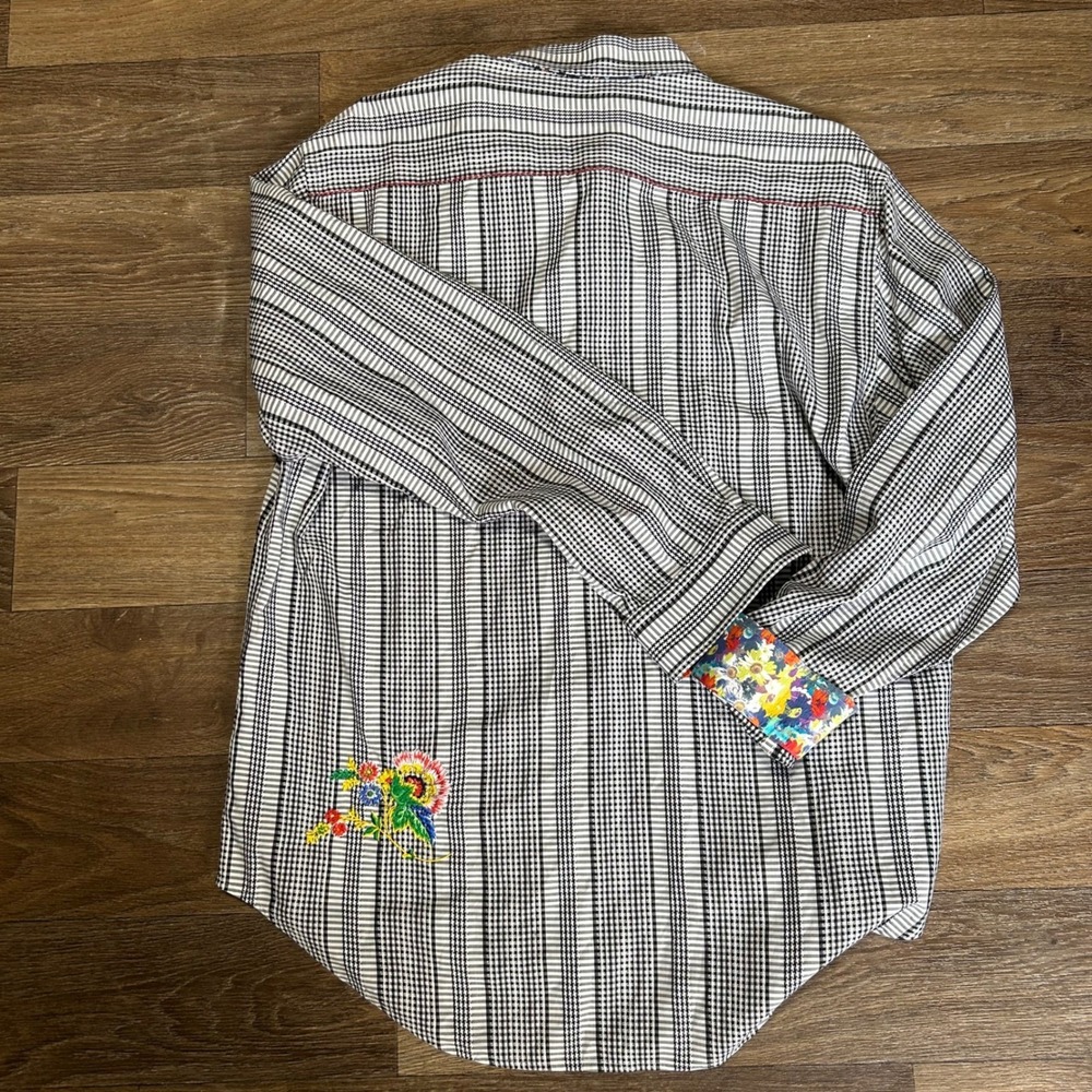 Robert Graham Button Down Shirt Mens XL Black White Plaid Floral Contrast Cuff - Picture 7 of 7